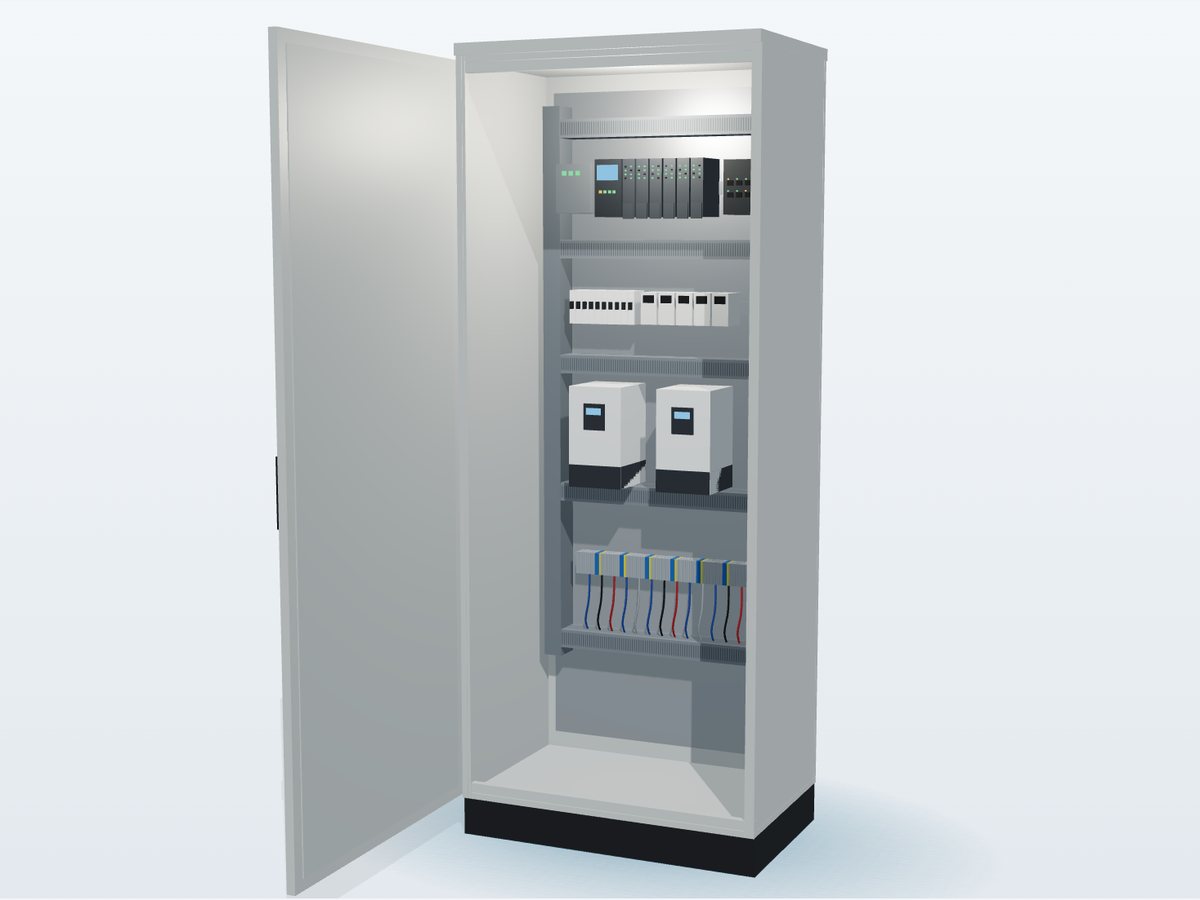 Industrial control panel with the door open, showing the controller, modules, drives and terminals