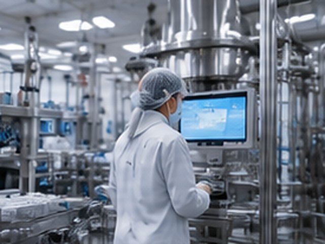 Technician at a control screen in a pharmaceutical process suite