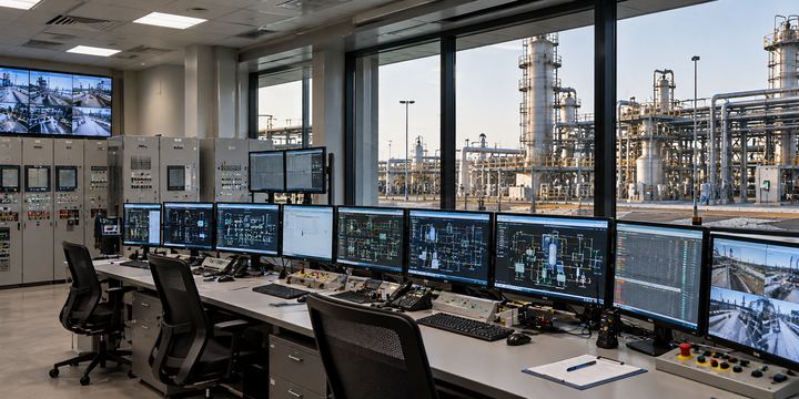 Control room with process displays overlooking the plant