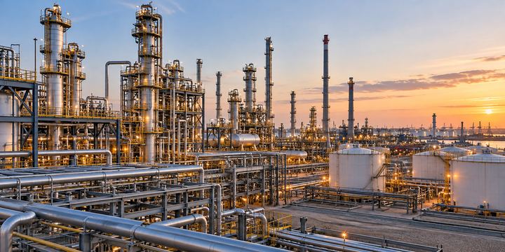 Refinery process units and storage tanks at sunset