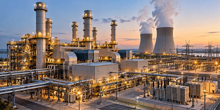 Power station with cooling towers and a high-voltage substation